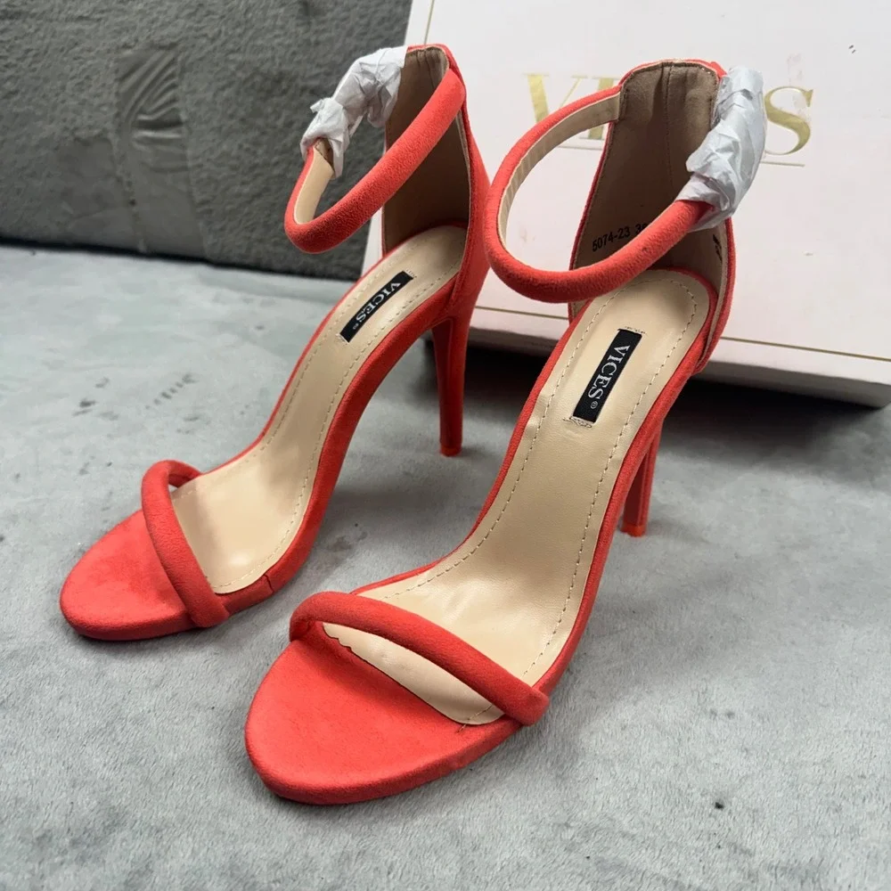 Vices Red Faux Suede Ankle Strap Stiletto‎ Sandals Heels 5074-23 Mens Size 36